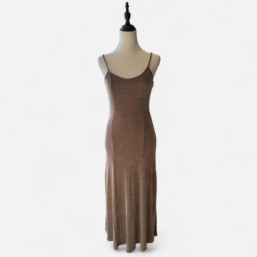 Vintage Georgette 90s Ribbed Knit Maxi Slip Dress Taupe Gray Medium 03336